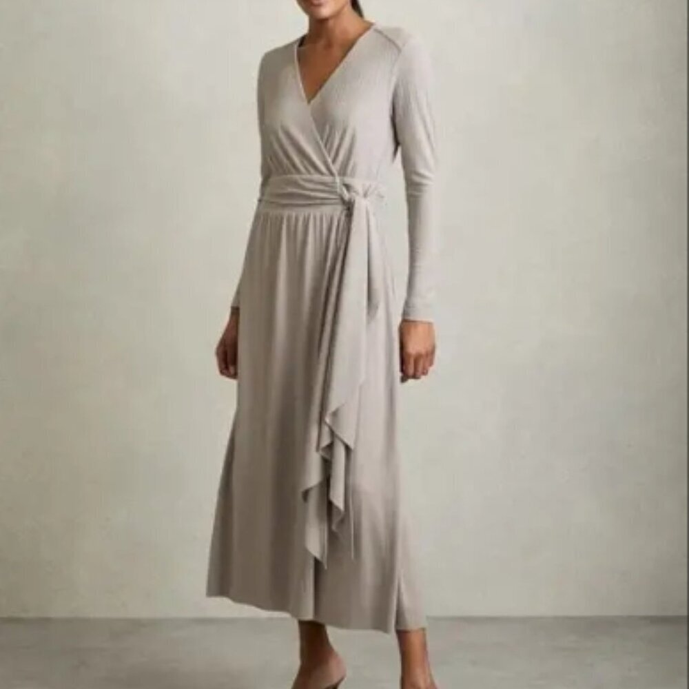 REISS Madeline Jersey Wrap‑Tie Midi Dress – Grey – US 4 – NWT
